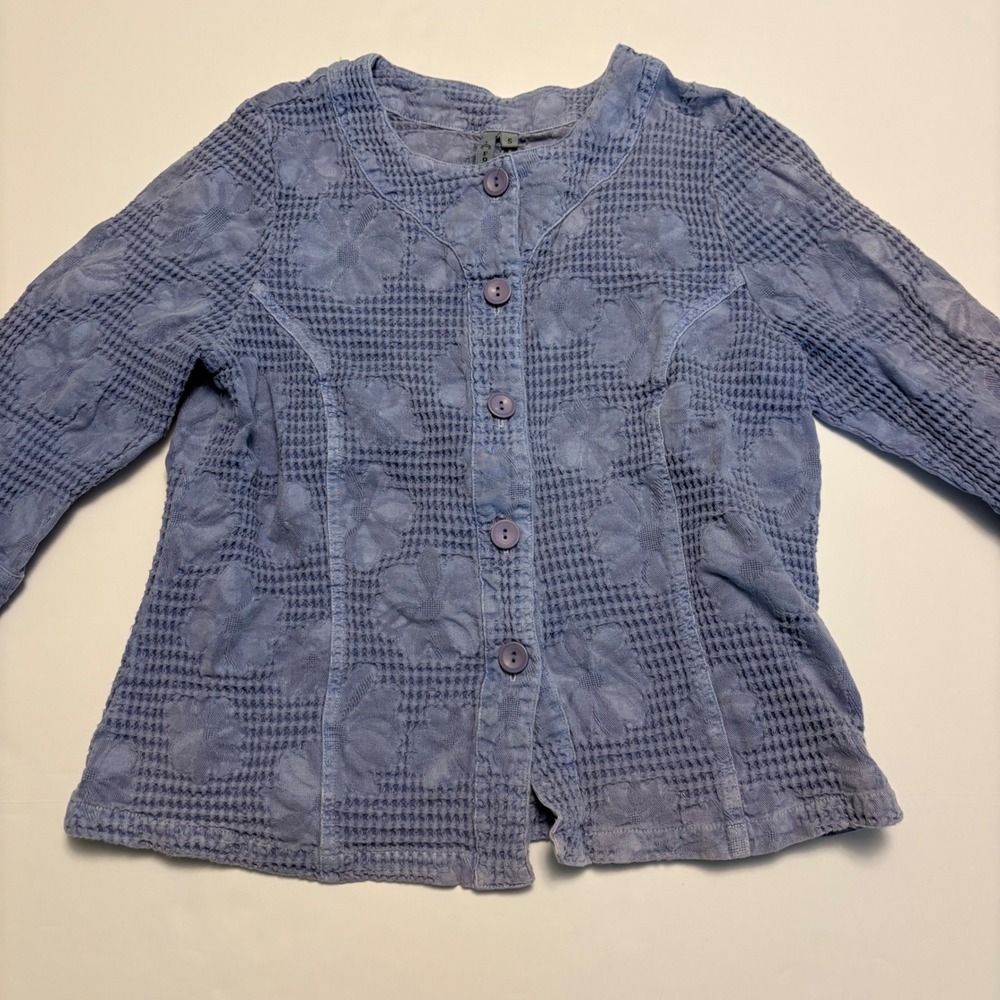 Focus Button Up Top Womens Small Blue Floral Textured Waffle Knit 3/4 Sleeve